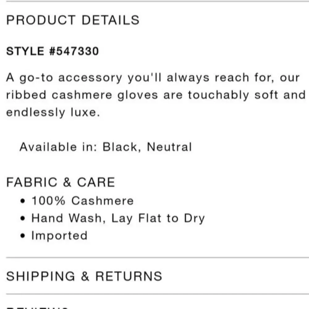 LOFT 100% Cashmere Ribbed Gloves in Black Winter Luxury Warm Snow Cozy